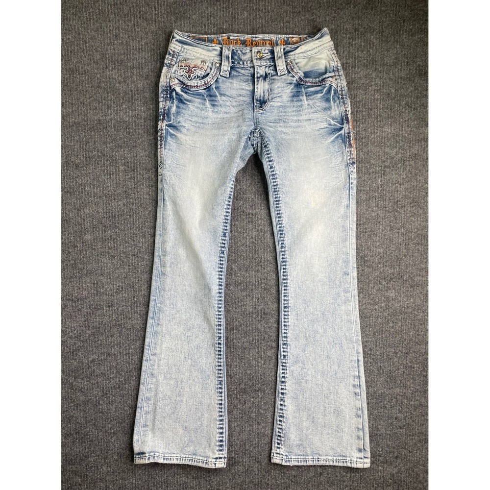 Rock Revival Nuri Bootcut Jeans Womens 25 Light Blue Embroidered Fleur De Lis‎
